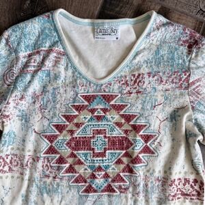 Cactus Bay Y2K Embellished Southwestern Aztec Geo 3/4 Sleeve Top, Clay Teal, M